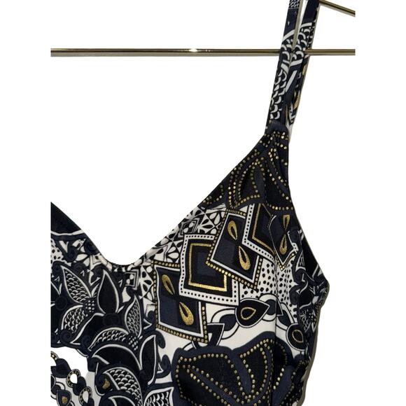 Maxine of Hollywood Size 12 One Piece Swimsuit Black White Gold Floral Print - Picture 2 of 8